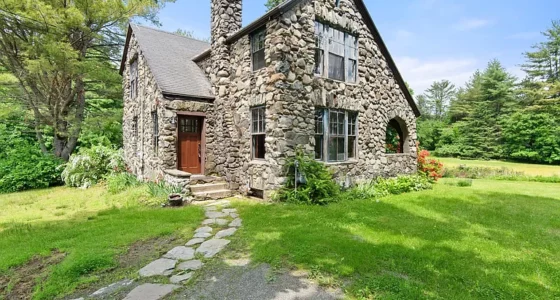 Charming Maine Stone Cottage for Sale, Stone House with Perennial Gardens and Acreage.